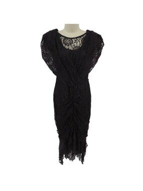 VTG Seneca Women 9 Black Floral Flower Lace Little Black Dress LBD Ruched Front